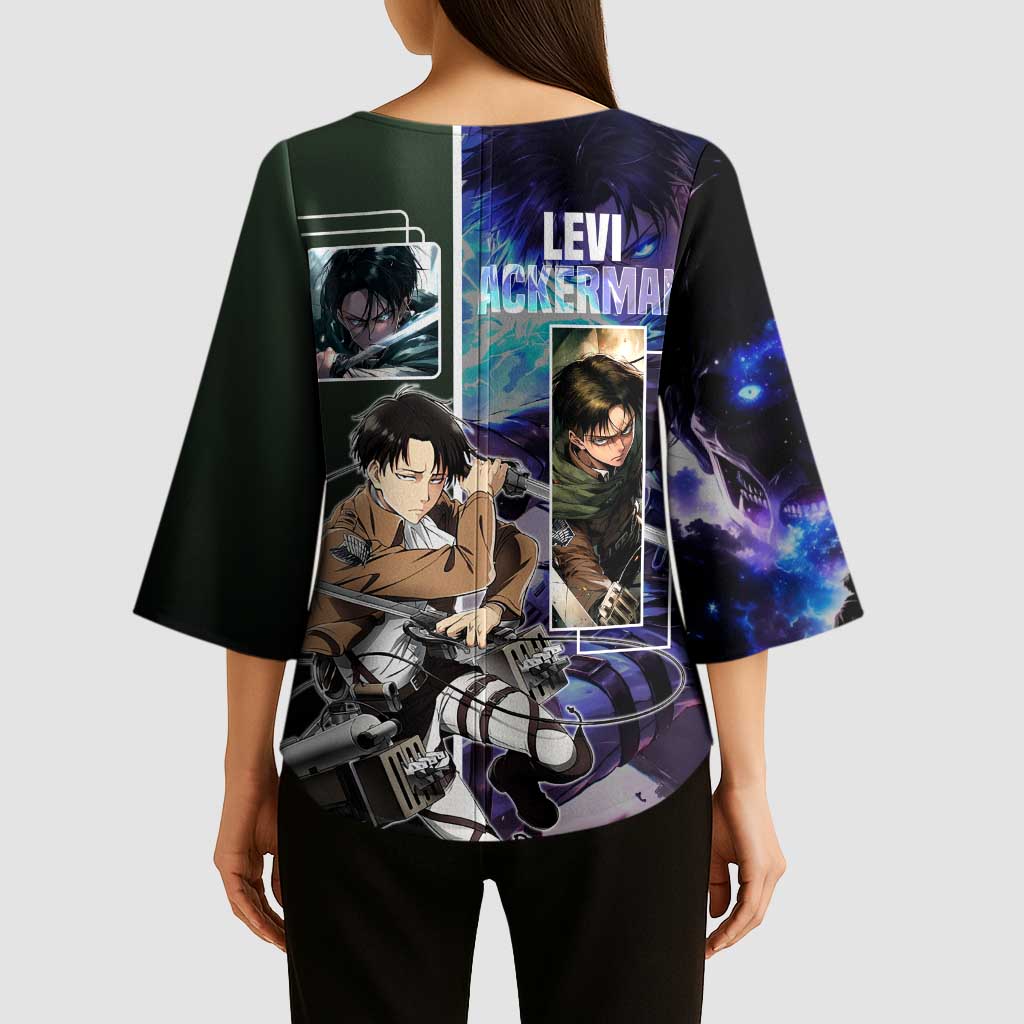 Levi Ackerman from Attack on Titan Kimono Sleeve Blouse with Dynamic Poses and Green Background Design - The Mazicc