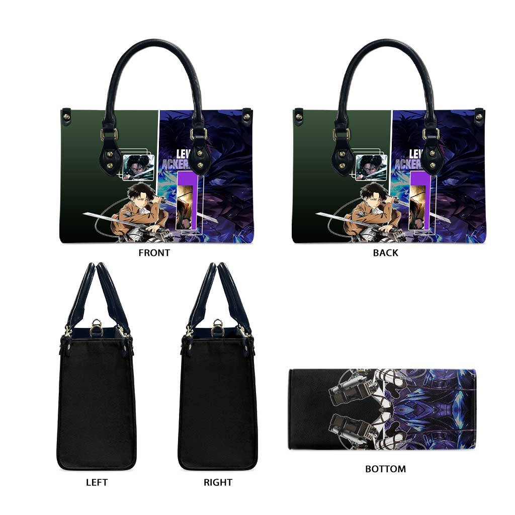 Levi Ackerman from Attack on Titan Leather Bag with Dynamic Poses and Green Background Design - The Mazicc