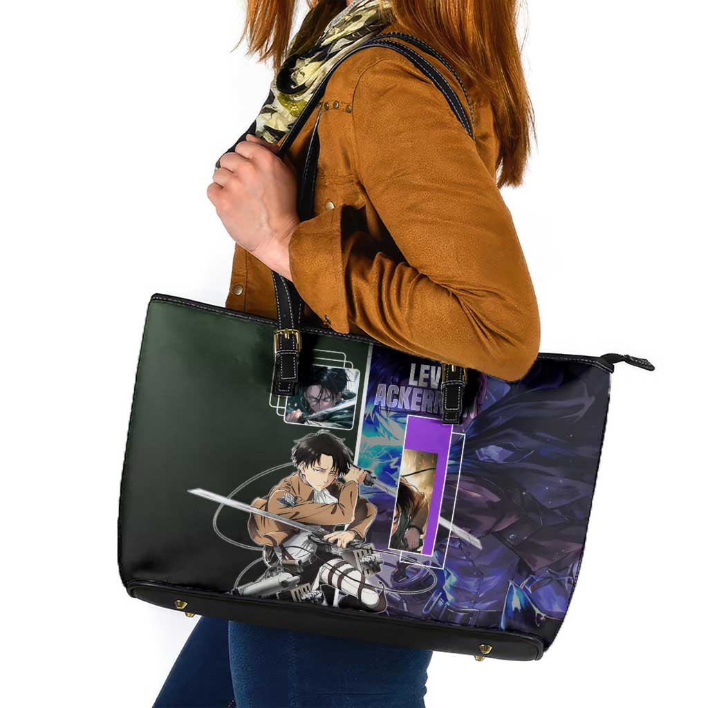 Levi Ackerman from Attack on Titan Leather Tote Bag with Dynamic Poses and Green Background Design - The Mazicc