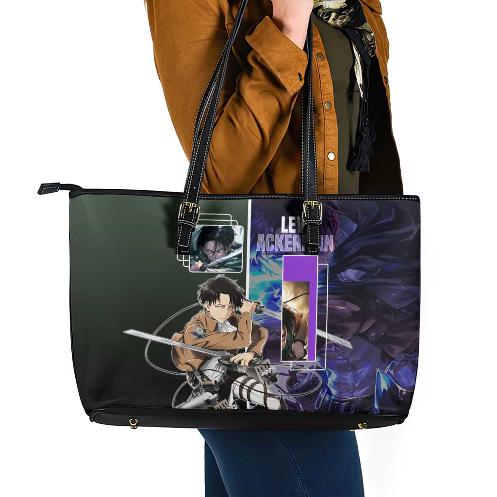 Levi Ackerman from Attack on Titan Leather Tote Bag with Dynamic Poses and Green Background Design - The Mazicc