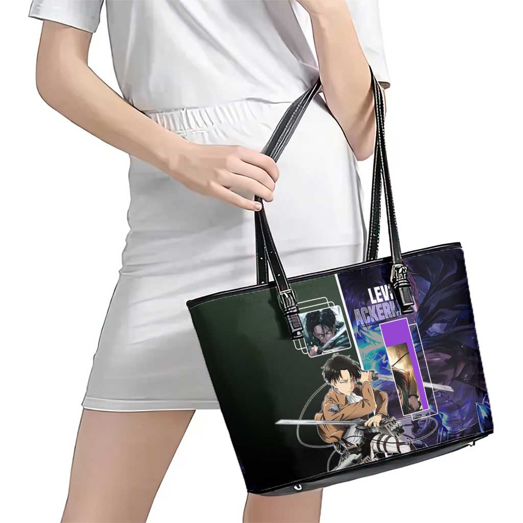 Levi Ackerman from Attack on Titan Leather Tote Bag with Dynamic Poses and Green Background Design - The Mazicc