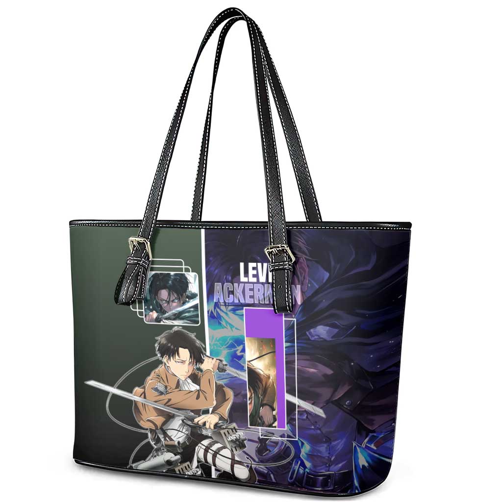 Levi Ackerman from Attack on Titan Leather Tote Bag with Dynamic Poses and Green Background Design - The Mazicc