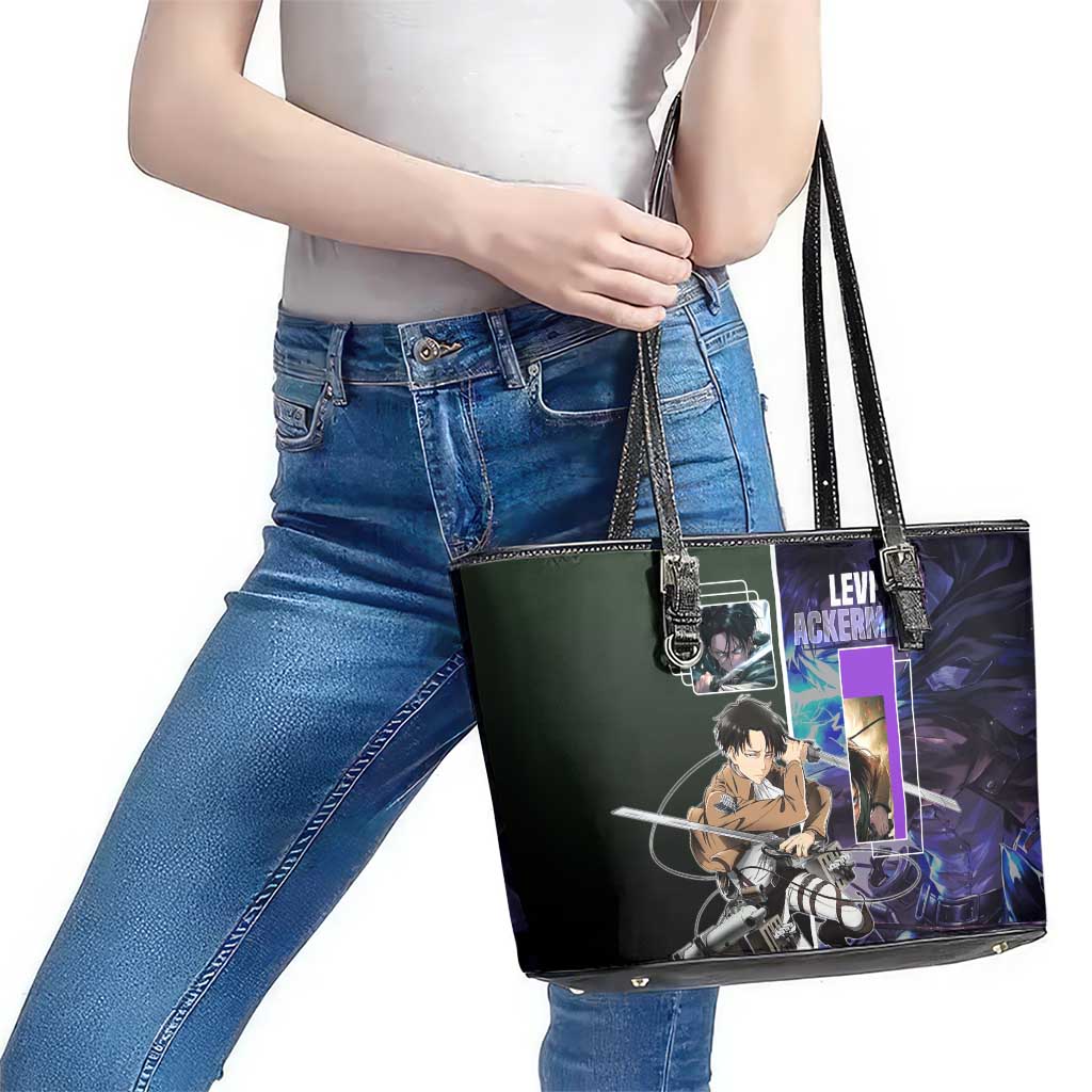 Levi Ackerman from Attack on Titan Leather Tote Bag with Dynamic Poses and Green Background Design - The Mazicc