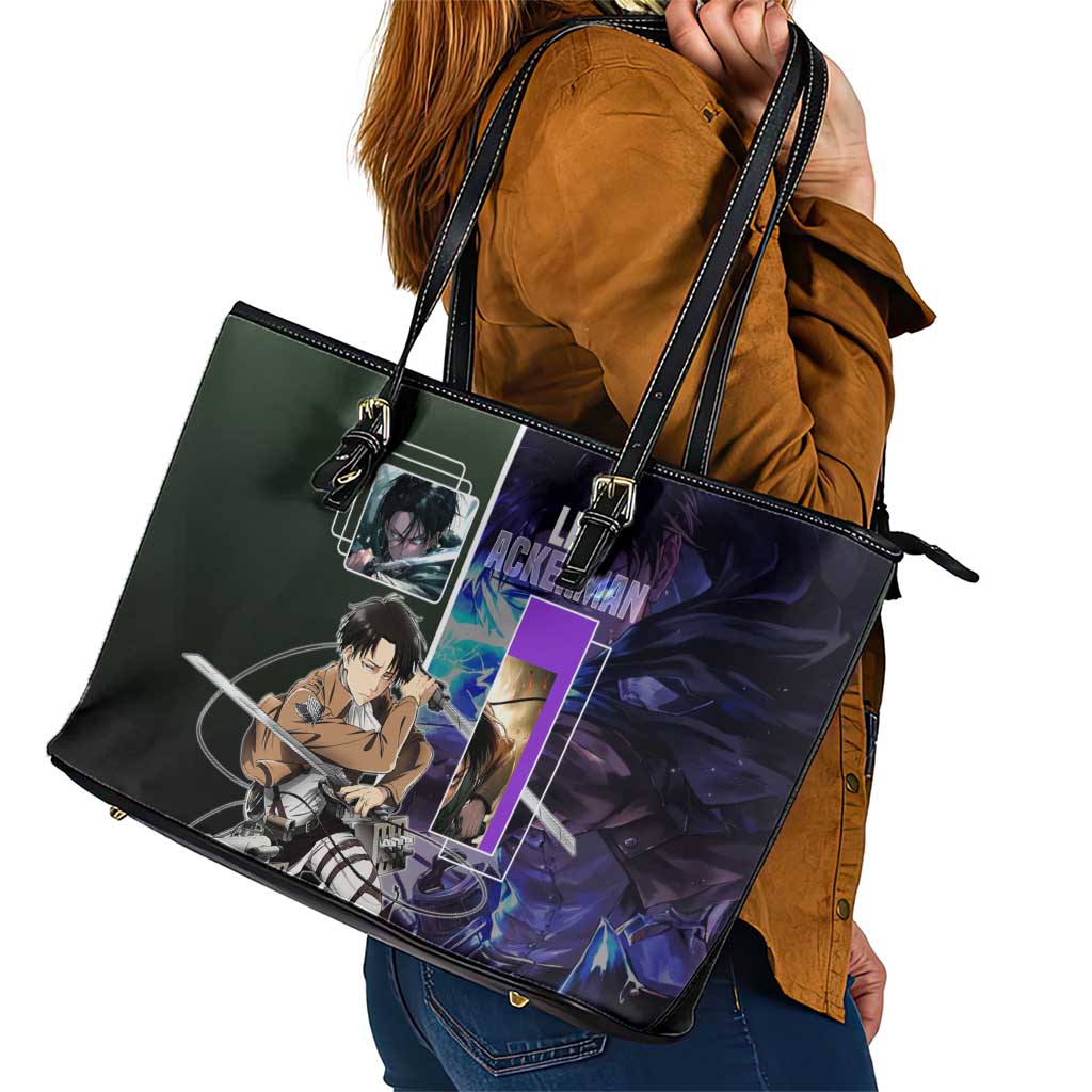 Levi Ackerman from Attack on Titan Leather Tote Bag with Dynamic Poses and Green Background Design - The Mazicc