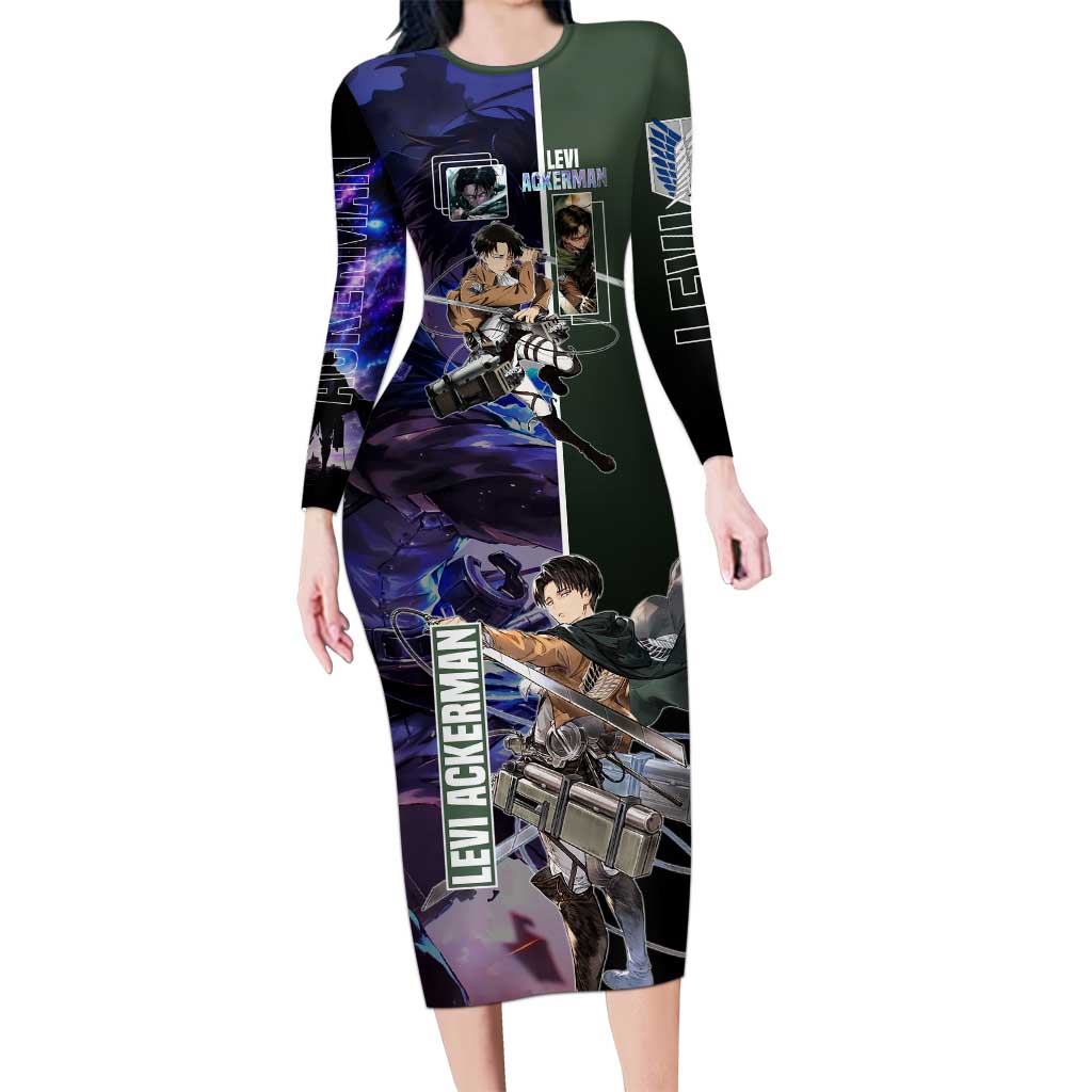 Levi Ackerman from Attack on Titan Long Sleeve Bodycon Dress with Dynamic Poses and Green Background Design - The Mazicc