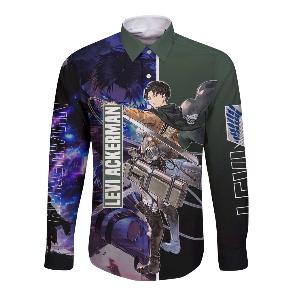 Levi Ackerman from Attack on Titan Long Sleeve Button Shirt with Dynamic Poses and Green Background Design - The Mazicc