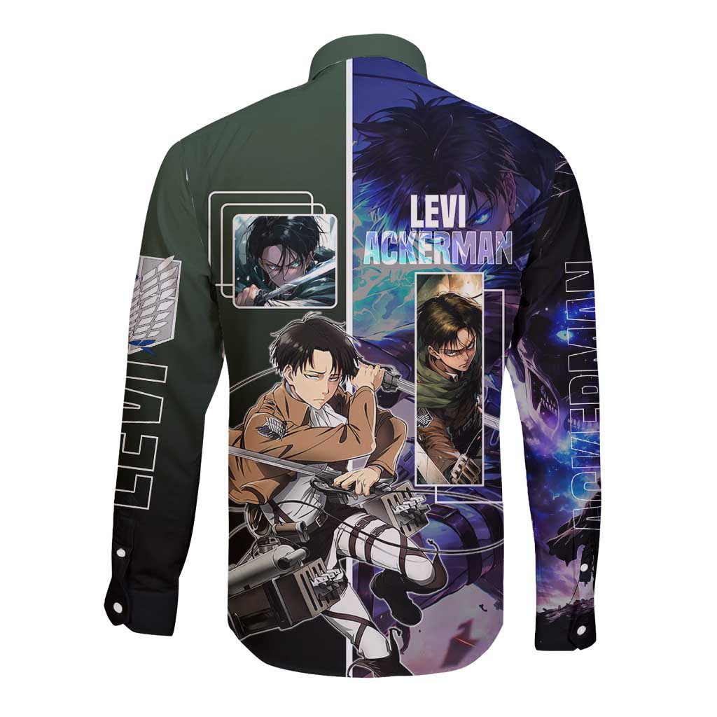 Levi Ackerman from Attack on Titan Long Sleeve Button Shirt with Dynamic Poses and Green Background Design - The Mazicc