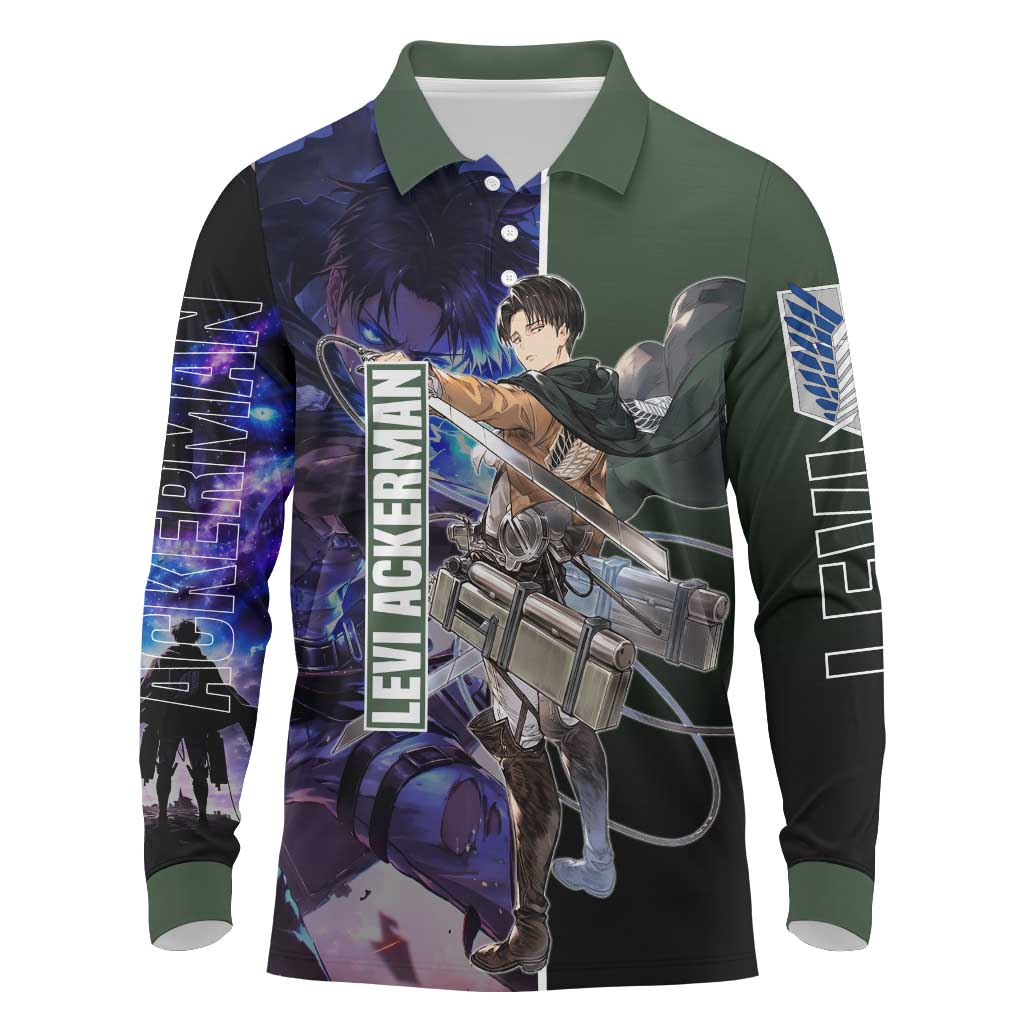 Levi Ackerman from Attack on Titan Long Sleeve Polo Shirt with Dynamic Poses and Green Background Design - The Mazicc