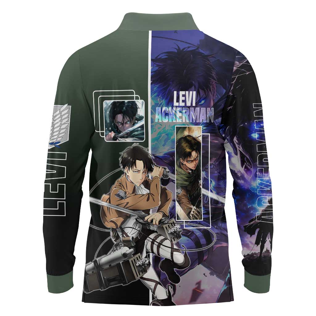 Levi Ackerman from Attack on Titan Long Sleeve Polo Shirt with Dynamic Poses and Green Background Design - The Mazicc