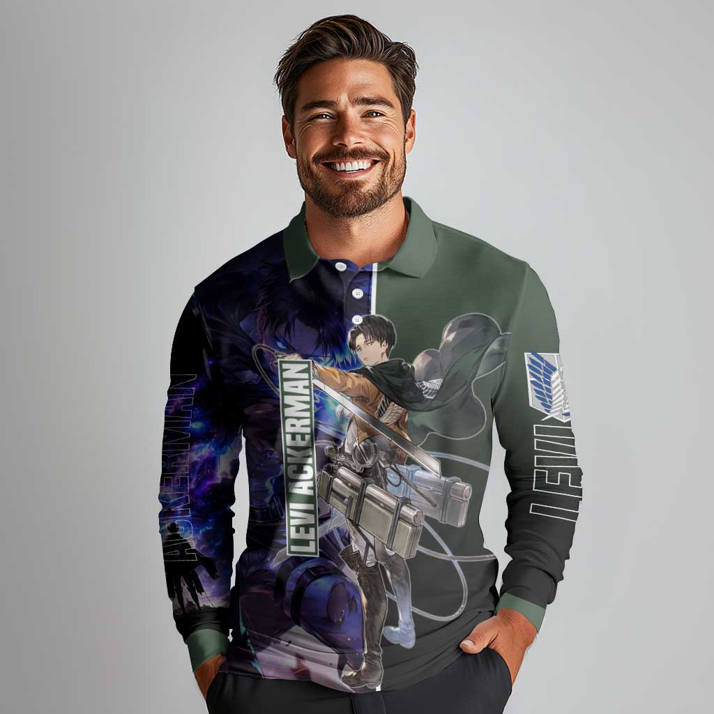Levi Ackerman from Attack on Titan Long Sleeve Polo Shirt with Dynamic Poses and Green Background Design - The Mazicc