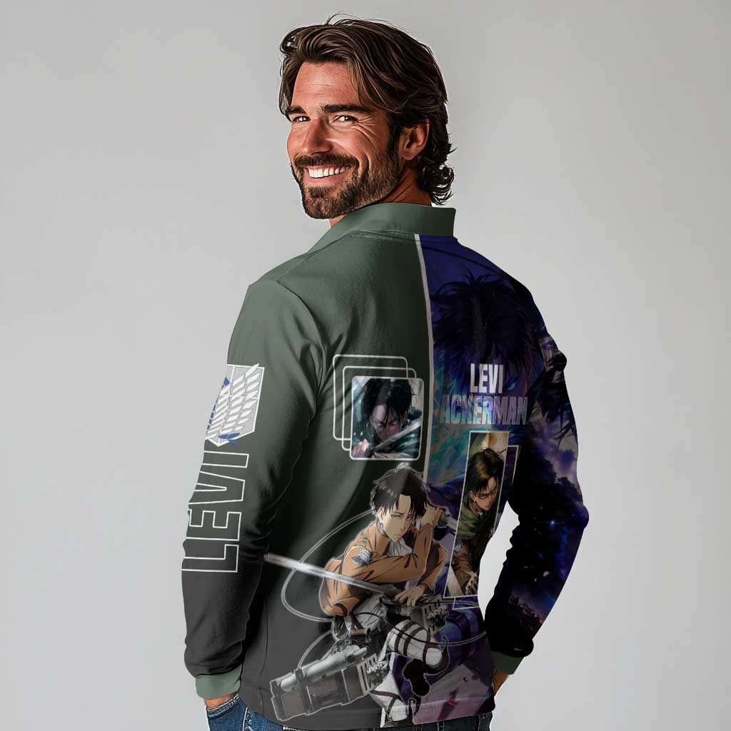 Levi Ackerman from Attack on Titan Long Sleeve Polo Shirt with Dynamic Poses and Green Background Design - The Mazicc