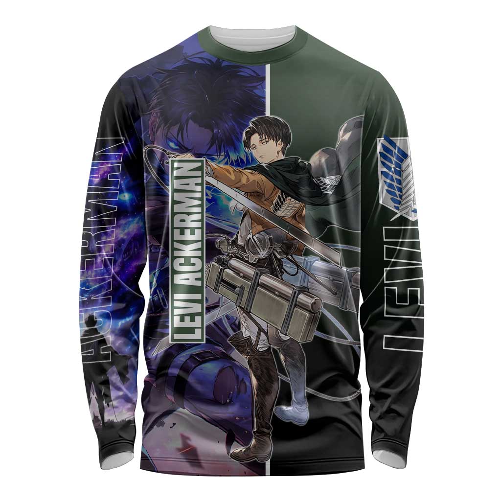 Levi Ackerman from Attack on Titan Long Sleeve Shirt with Dynamic Poses and Green Background Design - The Mazicc