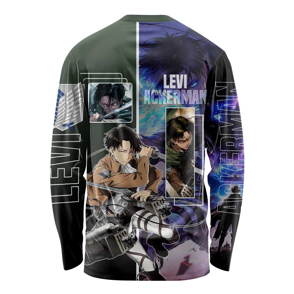 Levi Ackerman from Attack on Titan Long Sleeve Shirt with Dynamic Poses and Green Background Design - The Mazicc