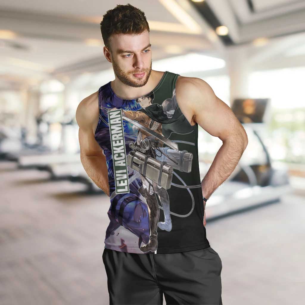 Levi Ackerman from Attack on Titan Men Tank Top with Dynamic Poses and Green Background Design - The Mazicc