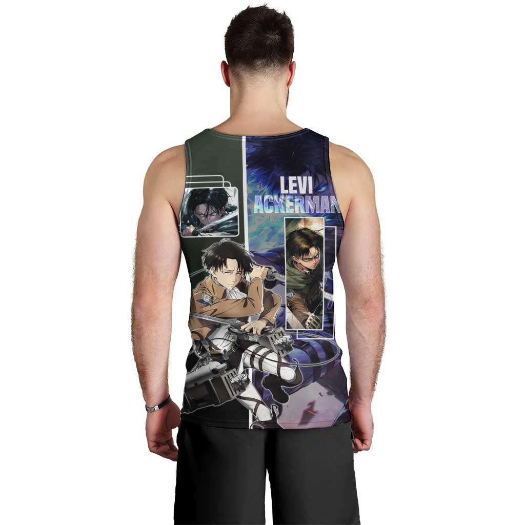 Levi Ackerman from Attack on Titan Men Tank Top with Dynamic Poses and Green Background Design - The Mazicc