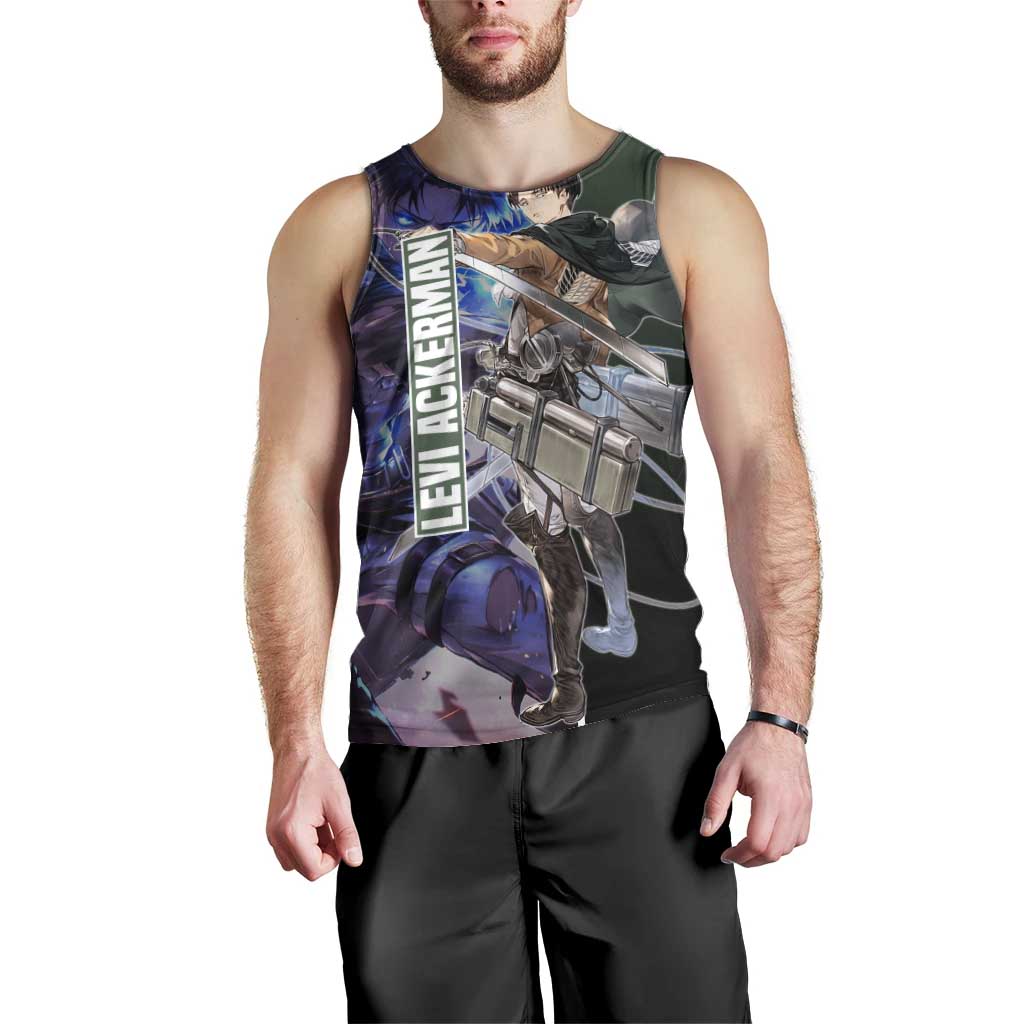 Levi Ackerman from Attack on Titan Men Tank Top with Dynamic Poses and Green Background Design - The Mazicc