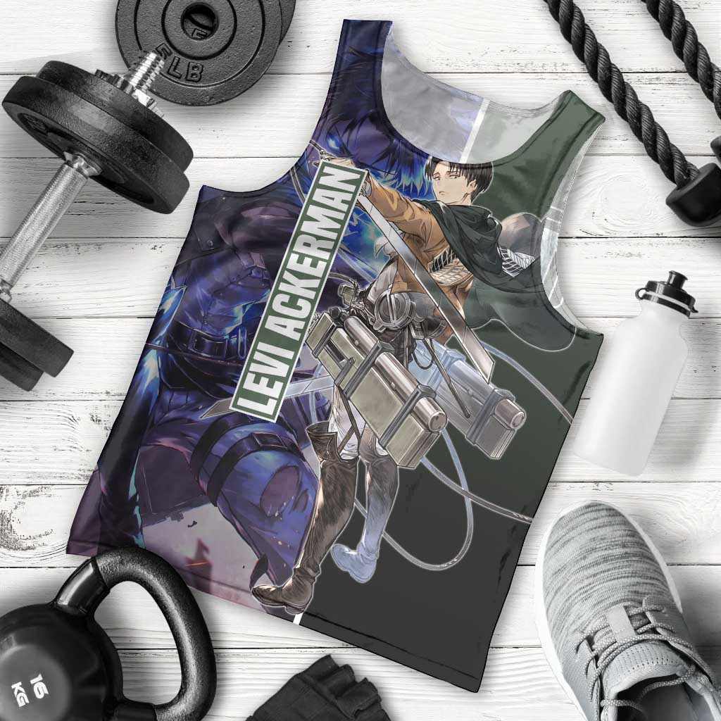 Levi Ackerman from Attack on Titan Men Tank Top with Dynamic Poses and Green Background Design - The Mazicc
