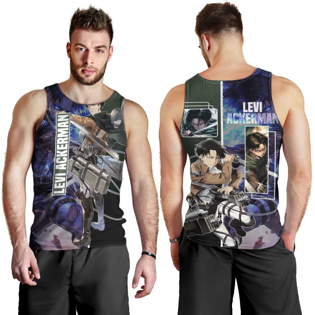 Levi Ackerman from Attack on Titan Men Tank Top with Dynamic Poses and Green Background Design - The Mazicc