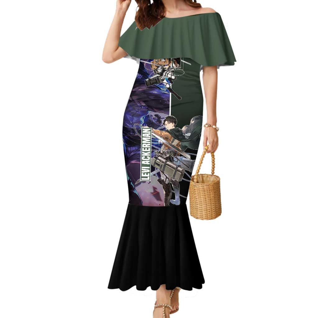 Levi Ackerman from Attack on Titan Mermaid Dress with Dynamic Poses and Green Background Design - The Mazicc