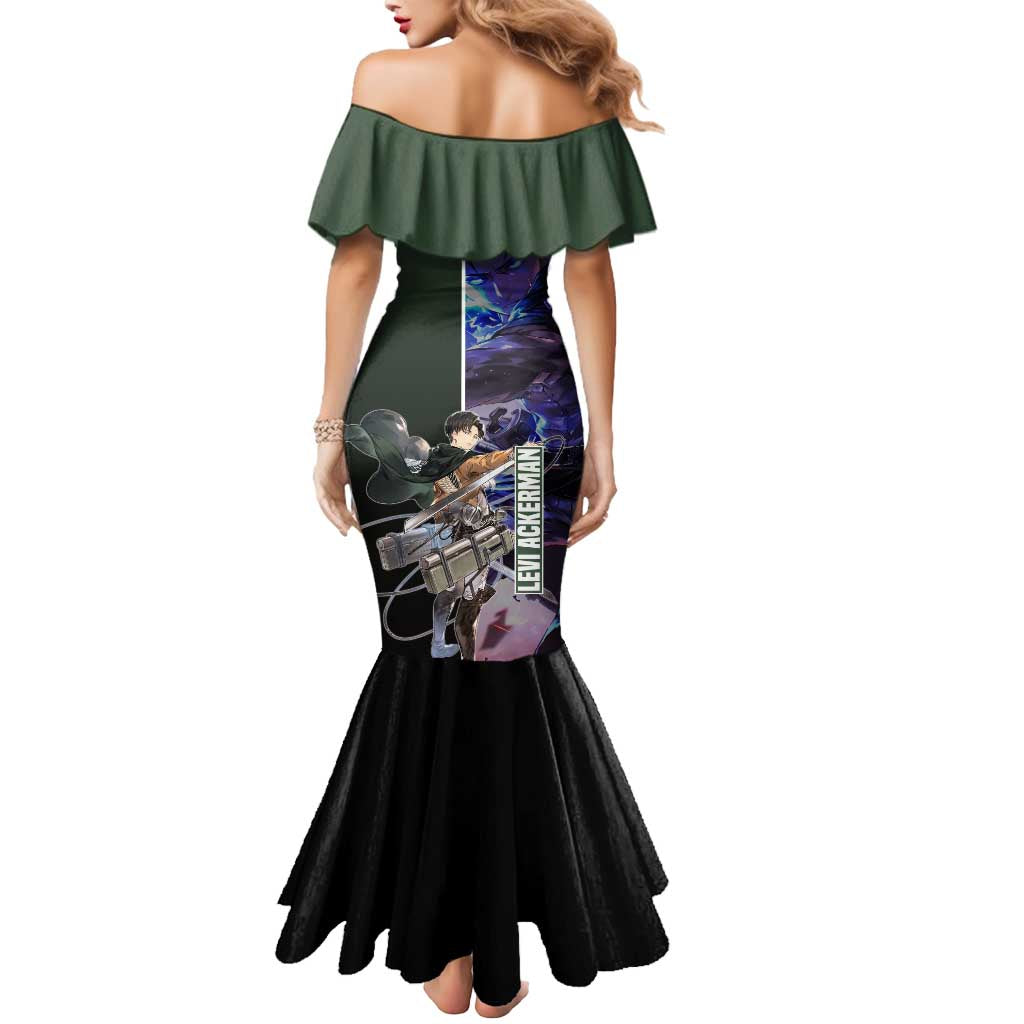 Levi Ackerman from Attack on Titan Mermaid Dress with Dynamic Poses and Green Background Design - The Mazicc