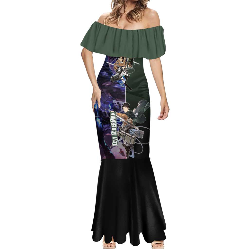 Levi Ackerman from Attack on Titan Mermaid Dress with Dynamic Poses and Green Background Design - The Mazicc