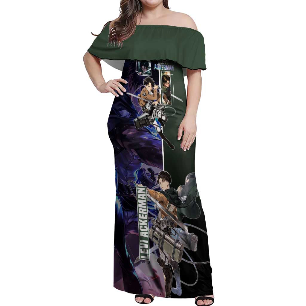 Levi Ackerman from Attack on Titan Off Shoulder Maxi Dress with Dynamic Poses and Green Background Design - The Mazicc