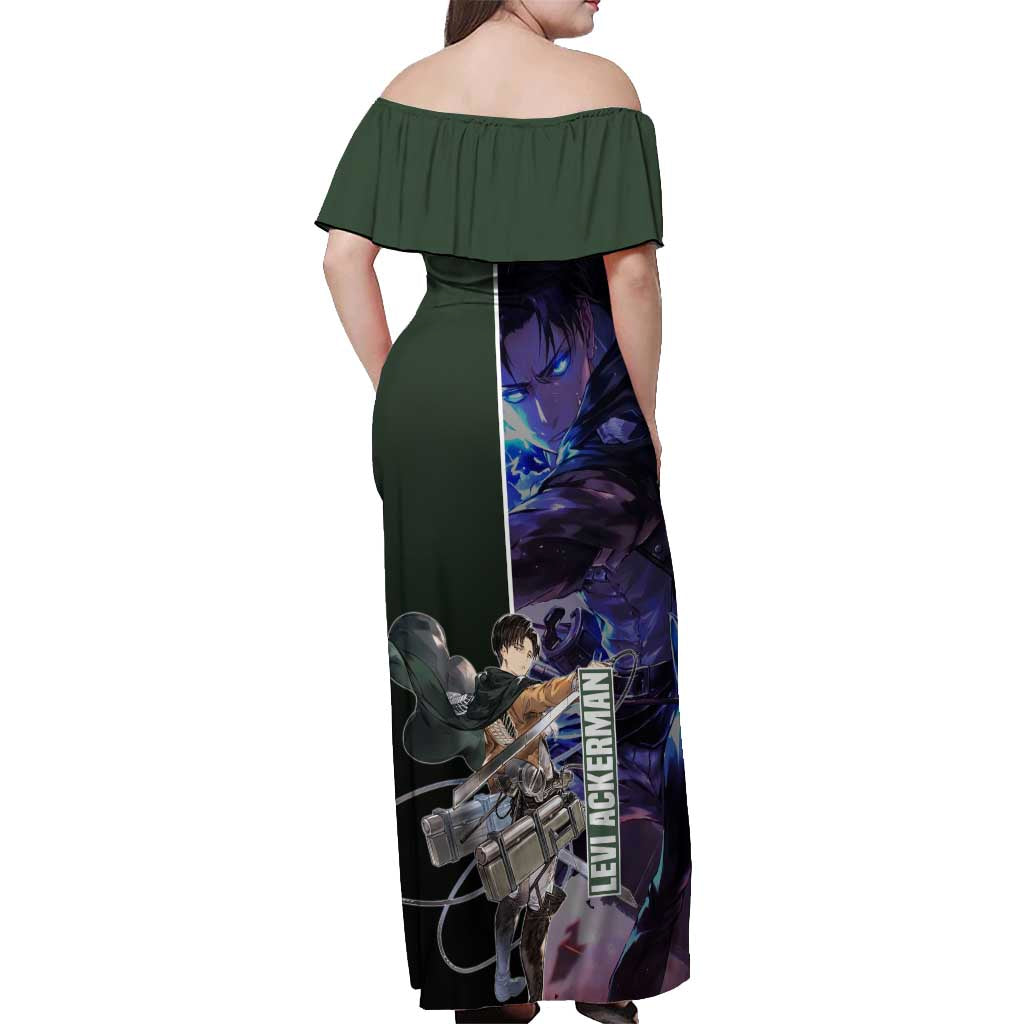 Levi Ackerman from Attack on Titan Off Shoulder Maxi Dress with Dynamic Poses and Green Background Design - The Mazicc