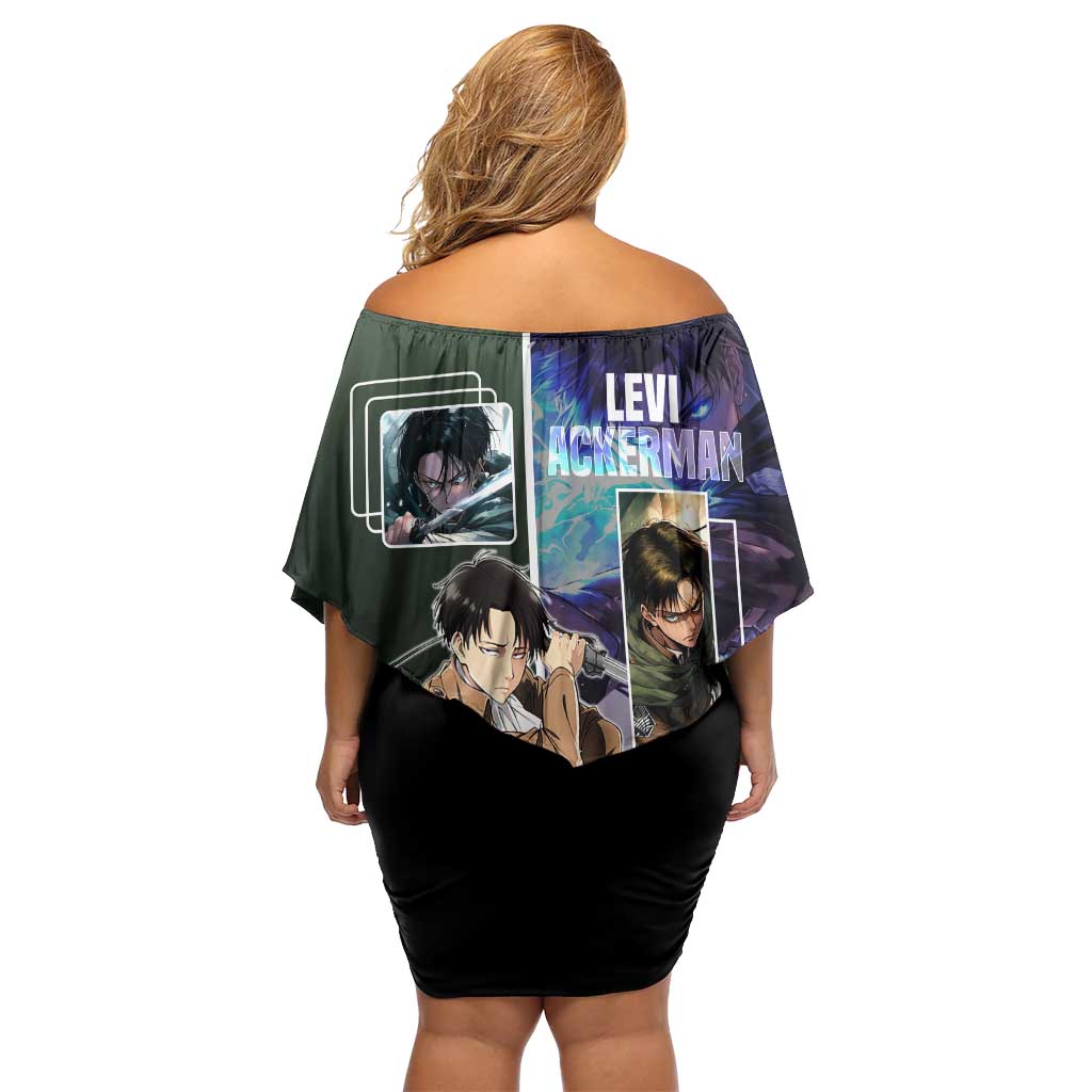 Levi Ackerman from Attack on Titan Off Shoulder Short Dress with Dynamic Poses and Green Background Design - The Mazicc