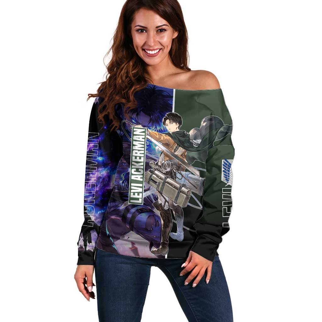 Levi Ackerman from Attack on Titan Off Shoulder Sweater with Dynamic Poses and Green Background Design - The Mazicc