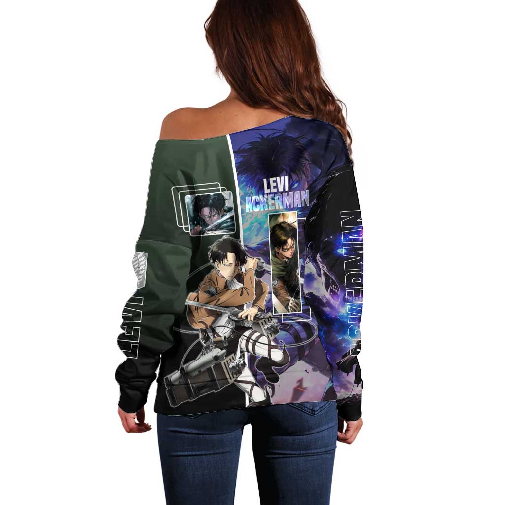 Levi Ackerman from Attack on Titan Off Shoulder Sweater with Dynamic Poses and Green Background Design - The Mazicc