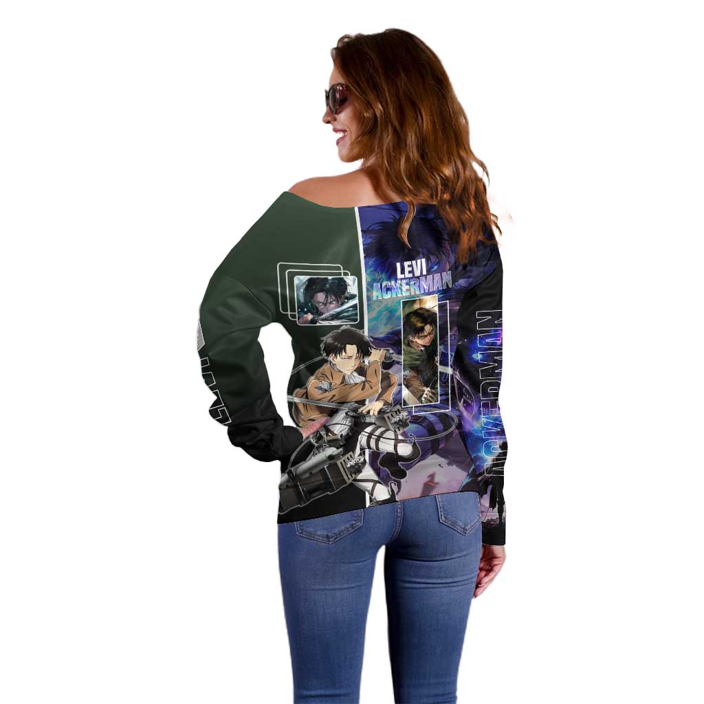 Levi Ackerman from Attack on Titan Off Shoulder Sweater with Dynamic Poses and Green Background Design - The Mazicc