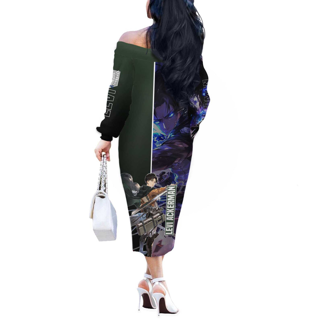 Levi Ackerman from Attack on Titan Off The Shoulder Long Sleeve Dress with Dynamic Poses and Green Background Design - The Mazicc