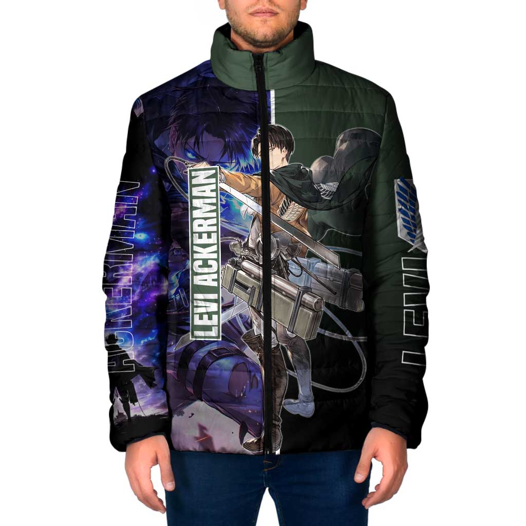 Levi Ackerman from Attack on Titan Padded Jacket with Dynamic Poses and Green Background Design - The Mazicc