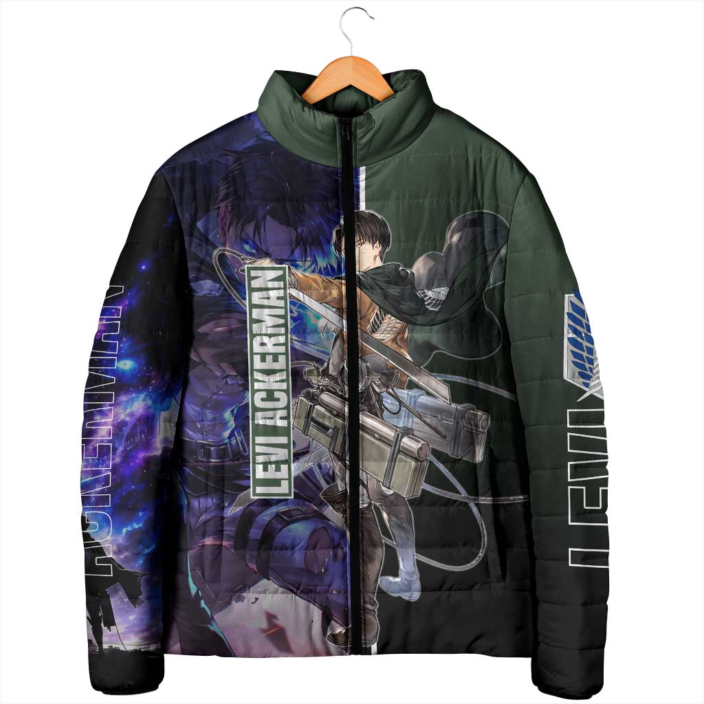Levi Ackerman from Attack on Titan Padded Jacket with Dynamic Poses and Green Background Design - The Mazicc