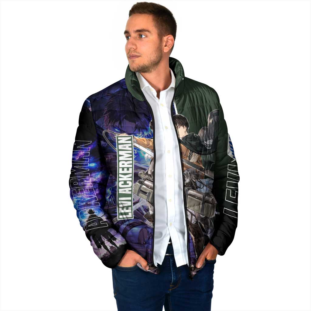 Levi Ackerman from Attack on Titan Padded Jacket with Dynamic Poses and Green Background Design - The Mazicc