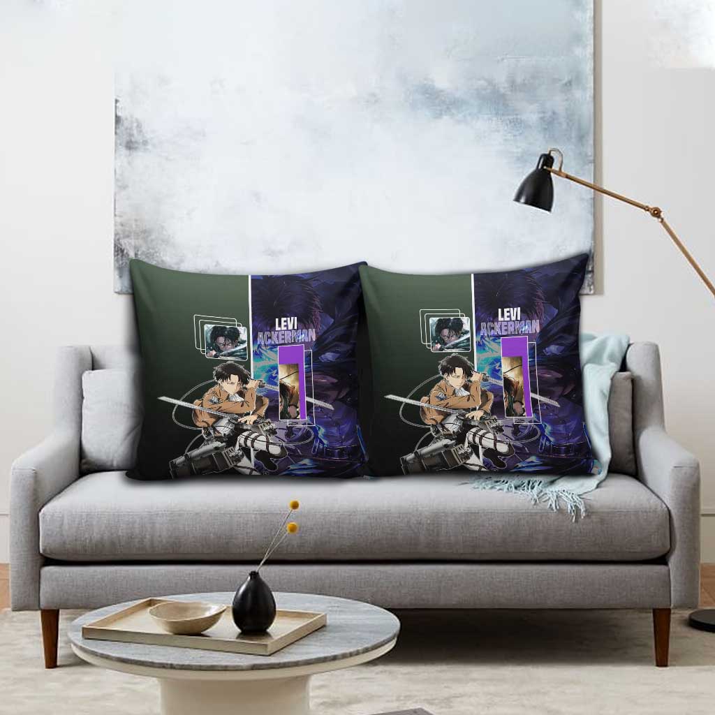 Levi Ackerman from Attack on Titan Pillow Cover with Dynamic Poses and Green Background Design - The Mazicc