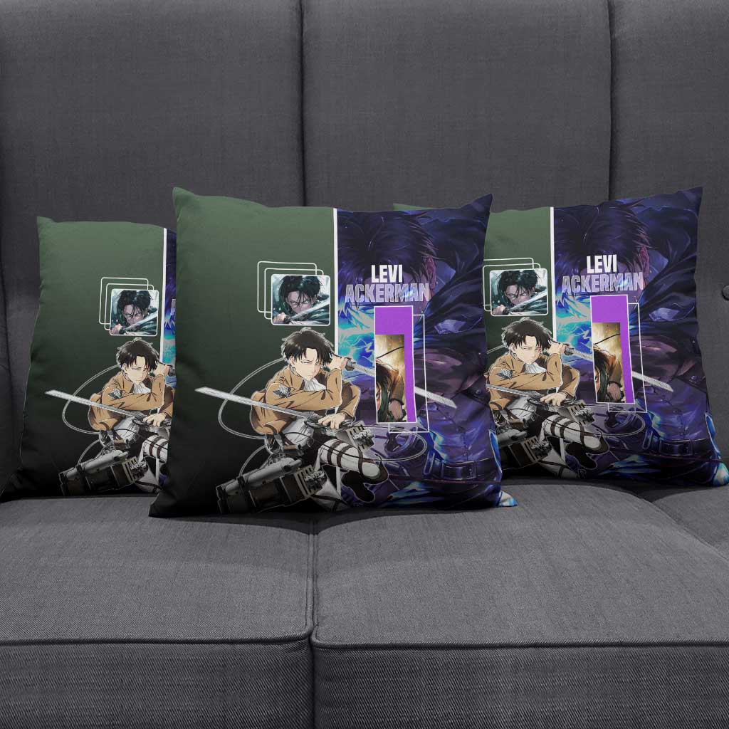 Levi Ackerman from Attack on Titan Pillow Cover with Dynamic Poses and Green Background Design - The Mazicc
