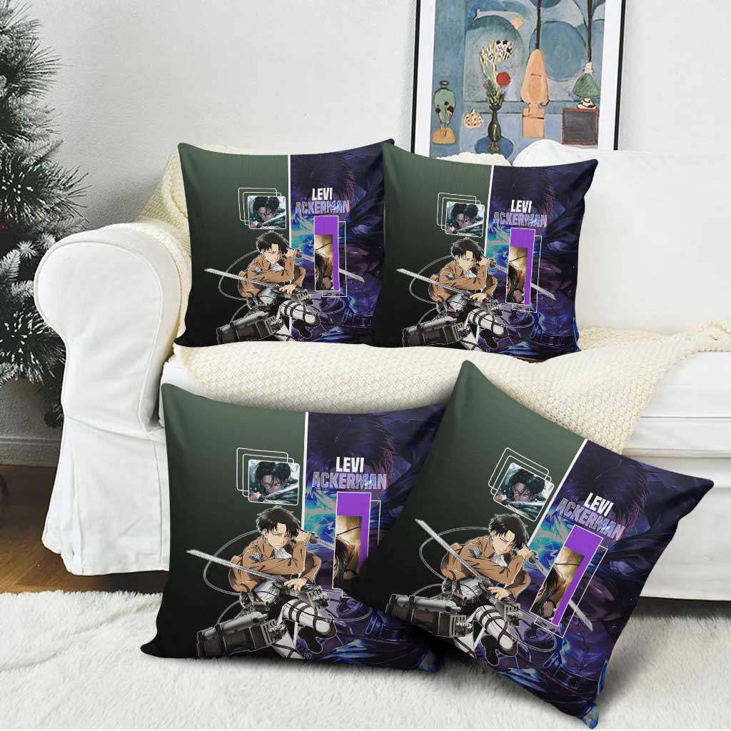 Levi Ackerman from Attack on Titan Pillow Cover with Dynamic Poses and Green Background Design - The Mazicc