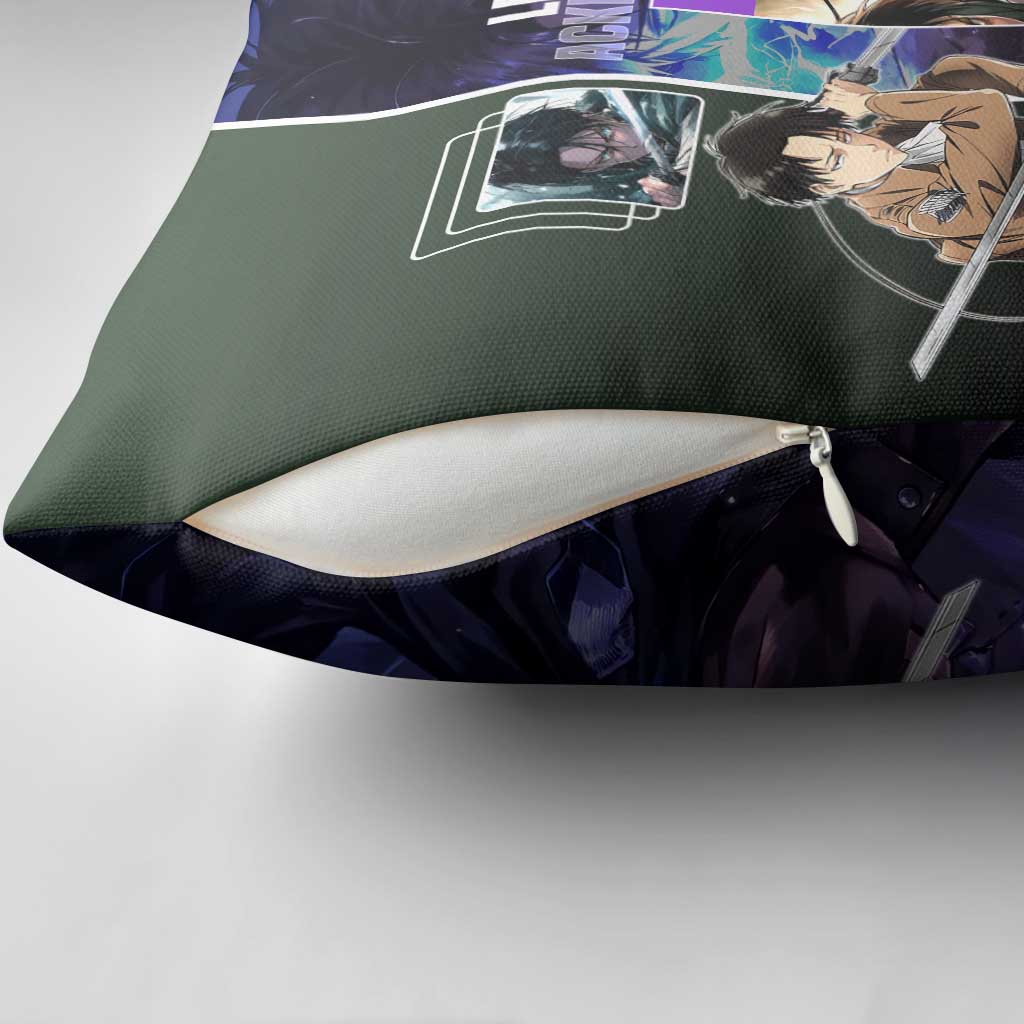 Levi Ackerman from Attack on Titan Pillow Cover with Dynamic Poses and Green Background Design - The Mazicc