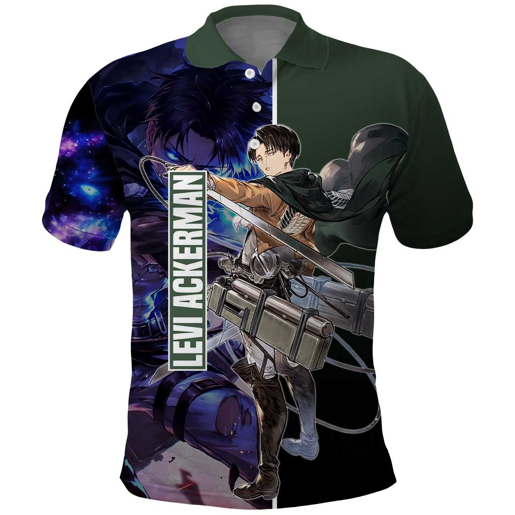Levi Ackerman from Attack on Titan Polo Shirt with Dynamic Poses and Green Background Design - The Mazicc