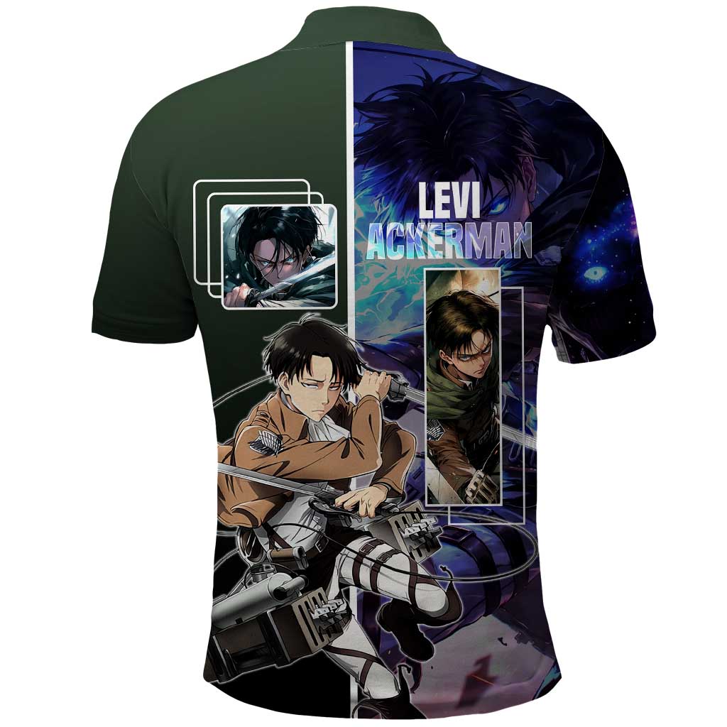 Levi Ackerman from Attack on Titan Polo Shirt with Dynamic Poses and Green Background Design - The Mazicc