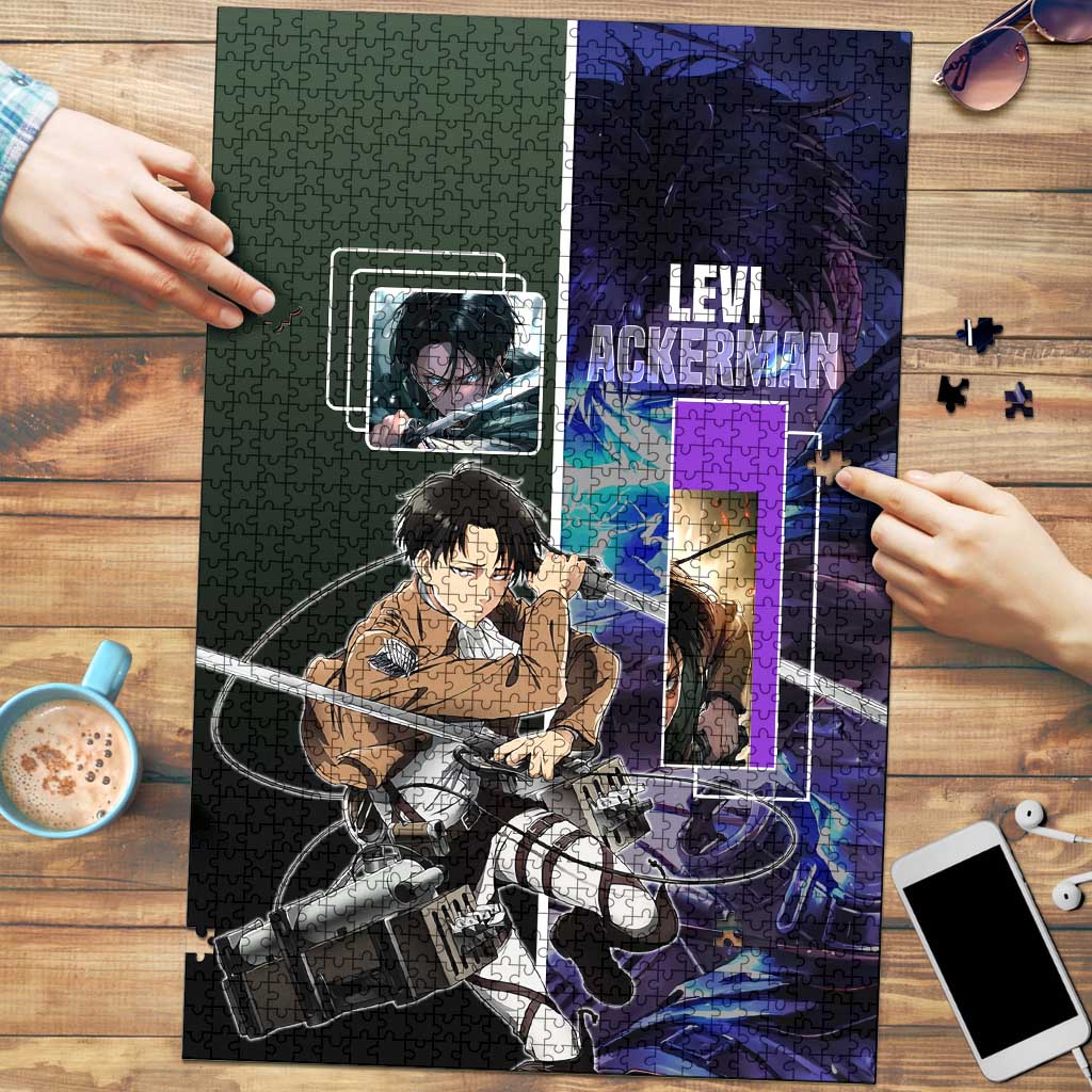 Levi Ackerman from Attack on Titan Puzzle with Dynamic Poses and Green Background Design - The Mazicc