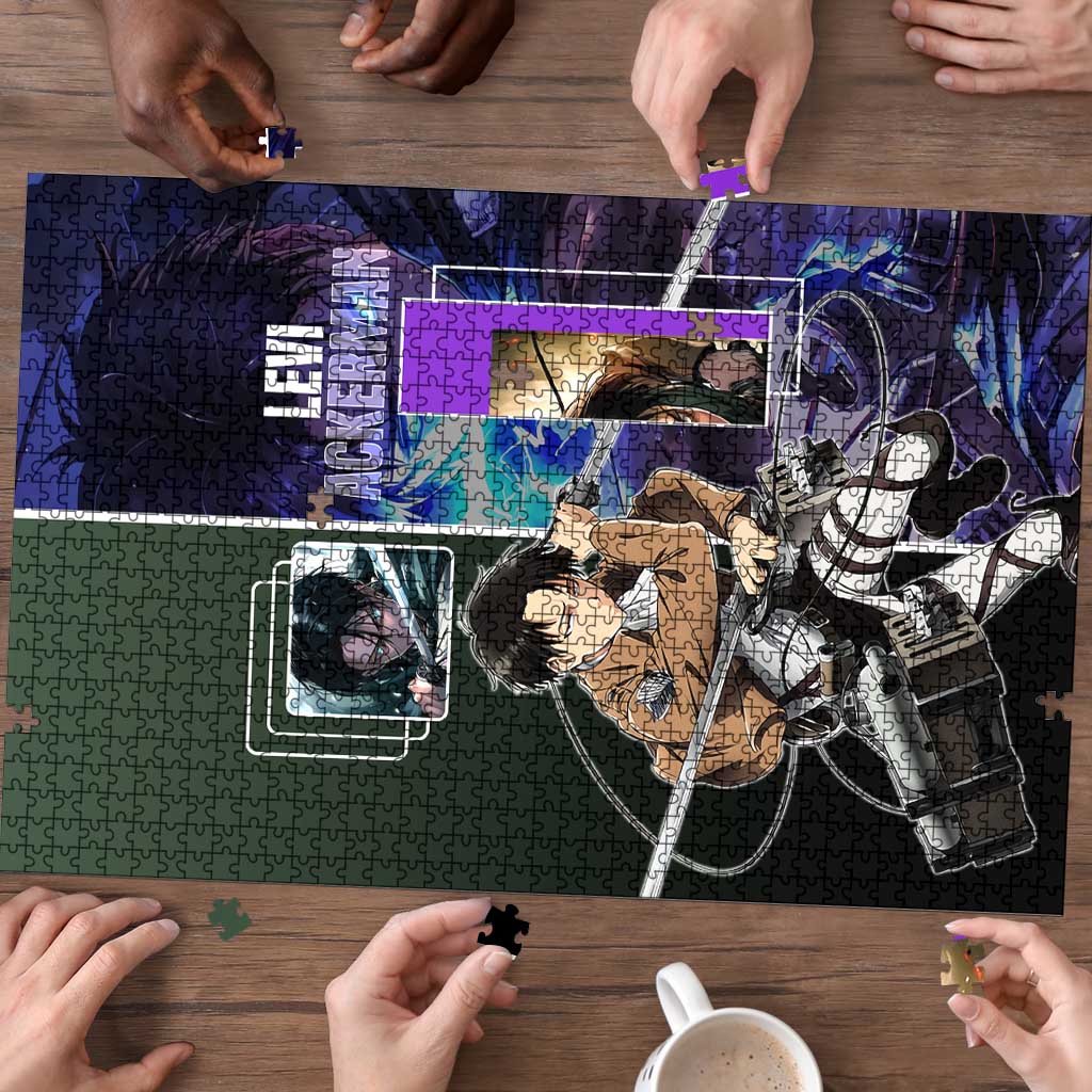 Levi Ackerman from Attack on Titan Puzzle with Dynamic Poses and Green Background Design - The Mazicc