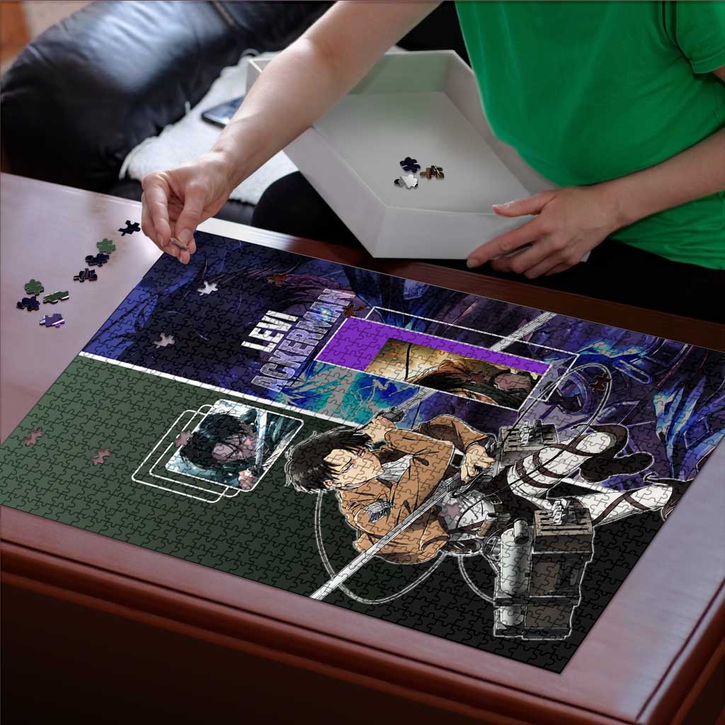 Levi Ackerman from Attack on Titan Puzzle with Dynamic Poses and Green Background Design - The Mazicc
