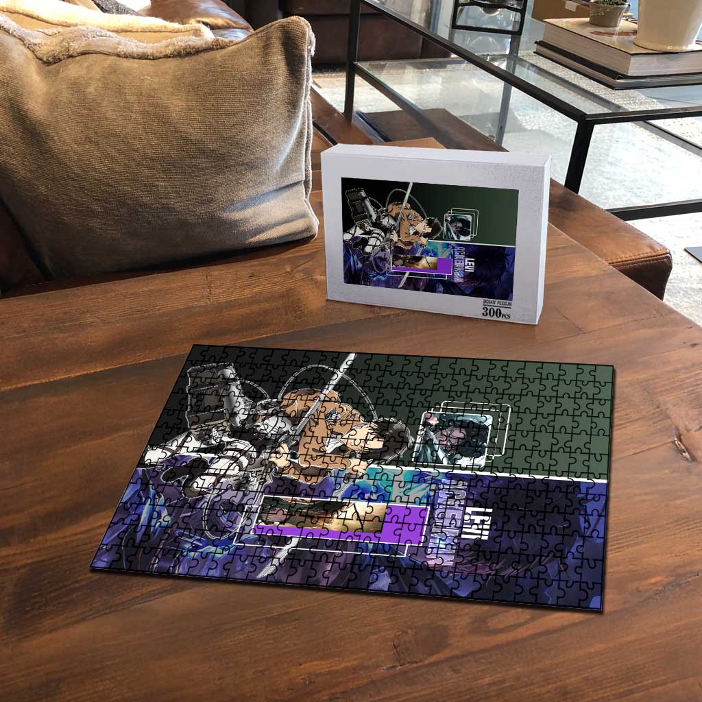 Levi Ackerman from Attack on Titan Puzzle with Dynamic Poses and Green Background Design - The Mazicc