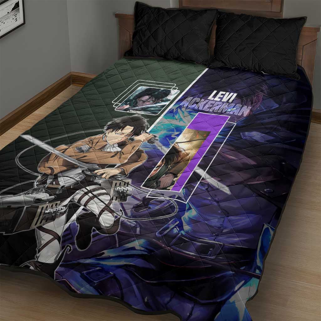 Levi Ackerman from Attack on Titan Quilt Bed Set with Dynamic Poses and Green Background Design - The Mazicc