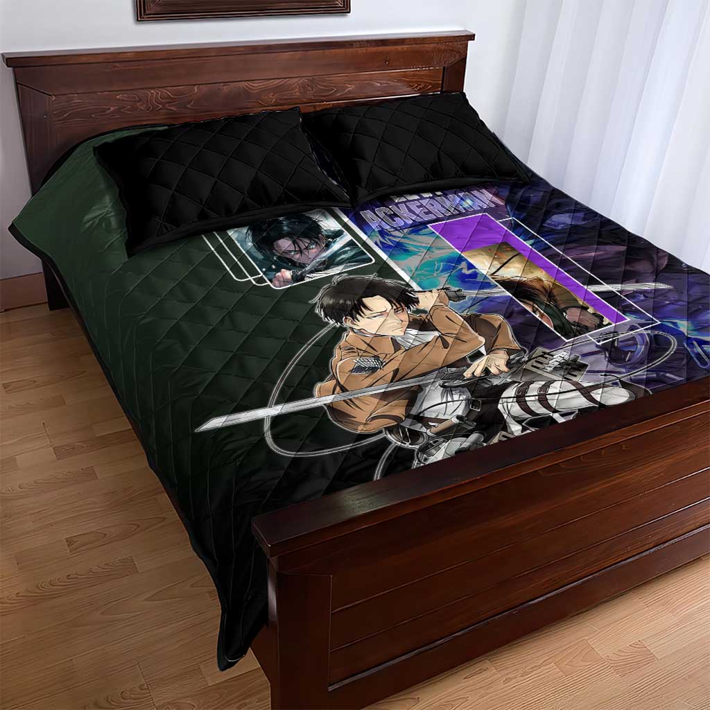 Levi Ackerman from Attack on Titan Quilt Bed Set with Dynamic Poses and Green Background Design - The Mazicc