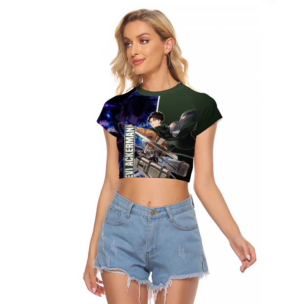 Levi Ackerman from Attack on Titan Raglan Cropped T Shirt with Dynamic Poses and Green Background Design - The Mazicc