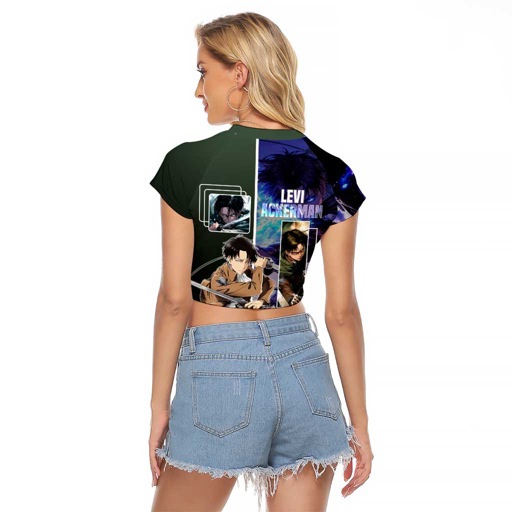 Levi Ackerman from Attack on Titan Raglan Cropped T Shirt with Dynamic Poses and Green Background Design - The Mazicc