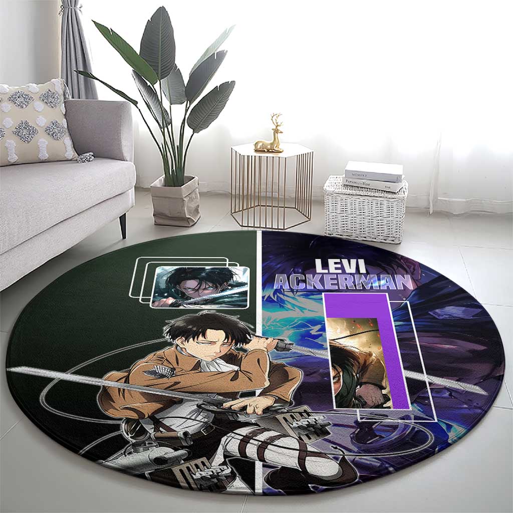 Levi Ackerman from Attack on Titan Round Carpet with Dynamic Poses and Green Background Design - The Mazicc